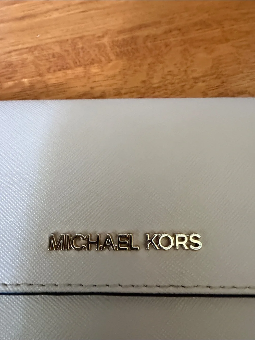 Michael Kors Light Cream Saffiano Leather Continental Wallet with Gold Logo